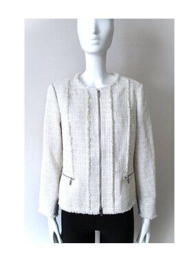 Lafayette 148 Tweed Zip Up Jacket / Size 8 / Raffia Multi Blazer Cream Fringe